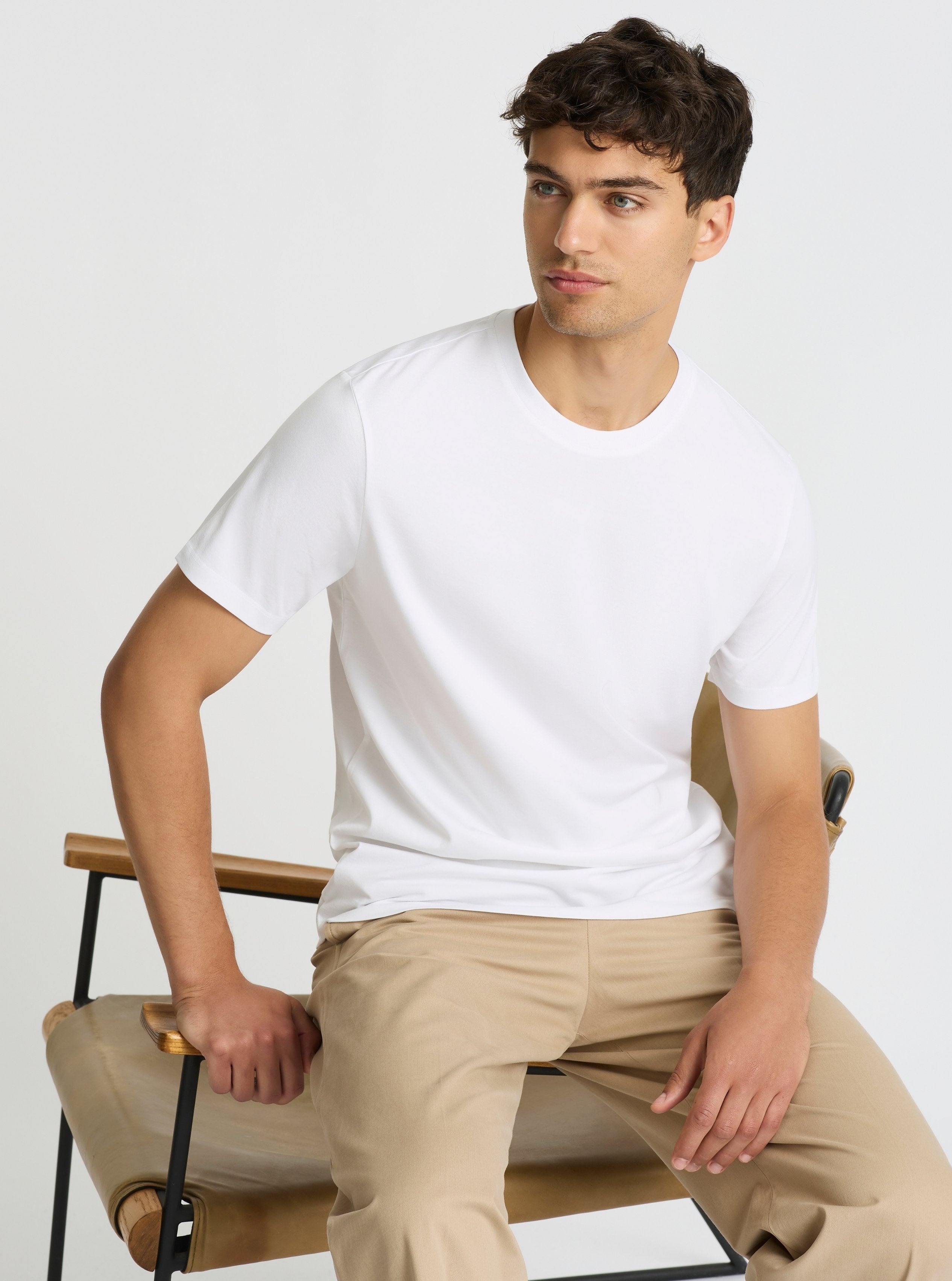 White|Supima® Mercerised Crew Tee for men – premium soft cotton t-shirt|Evans is 6’2” and wearing a size M