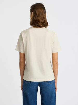 Beige|Supima® Mercerised Crew Tee for women – premium soft cotton t-shirt|Stas is 5'10" and wearing a size S