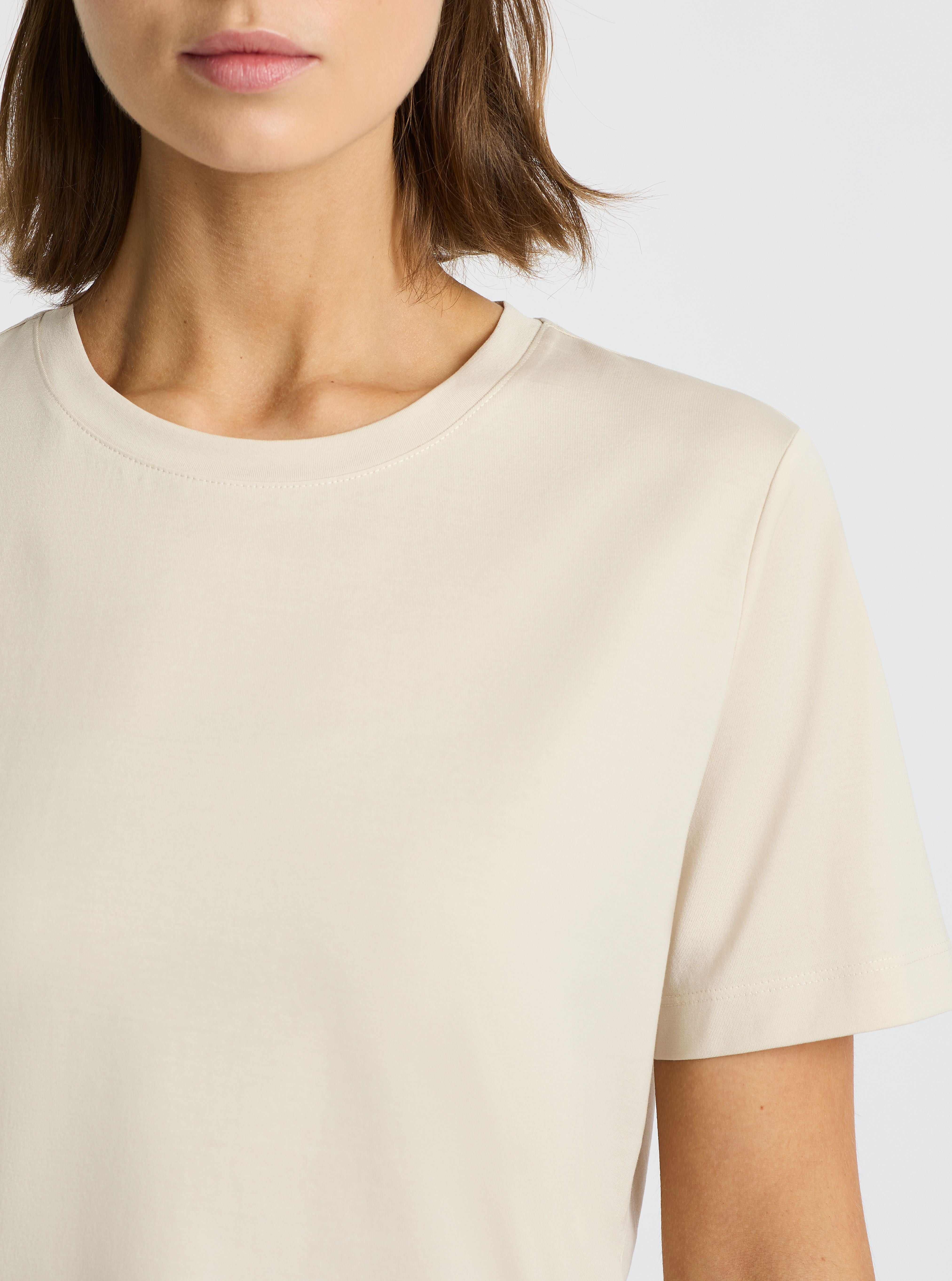 Beige|Supima® Mercerised Crew Tee for women – premium soft cotton t-shirt|Stas is 5'10" and wearing a size S