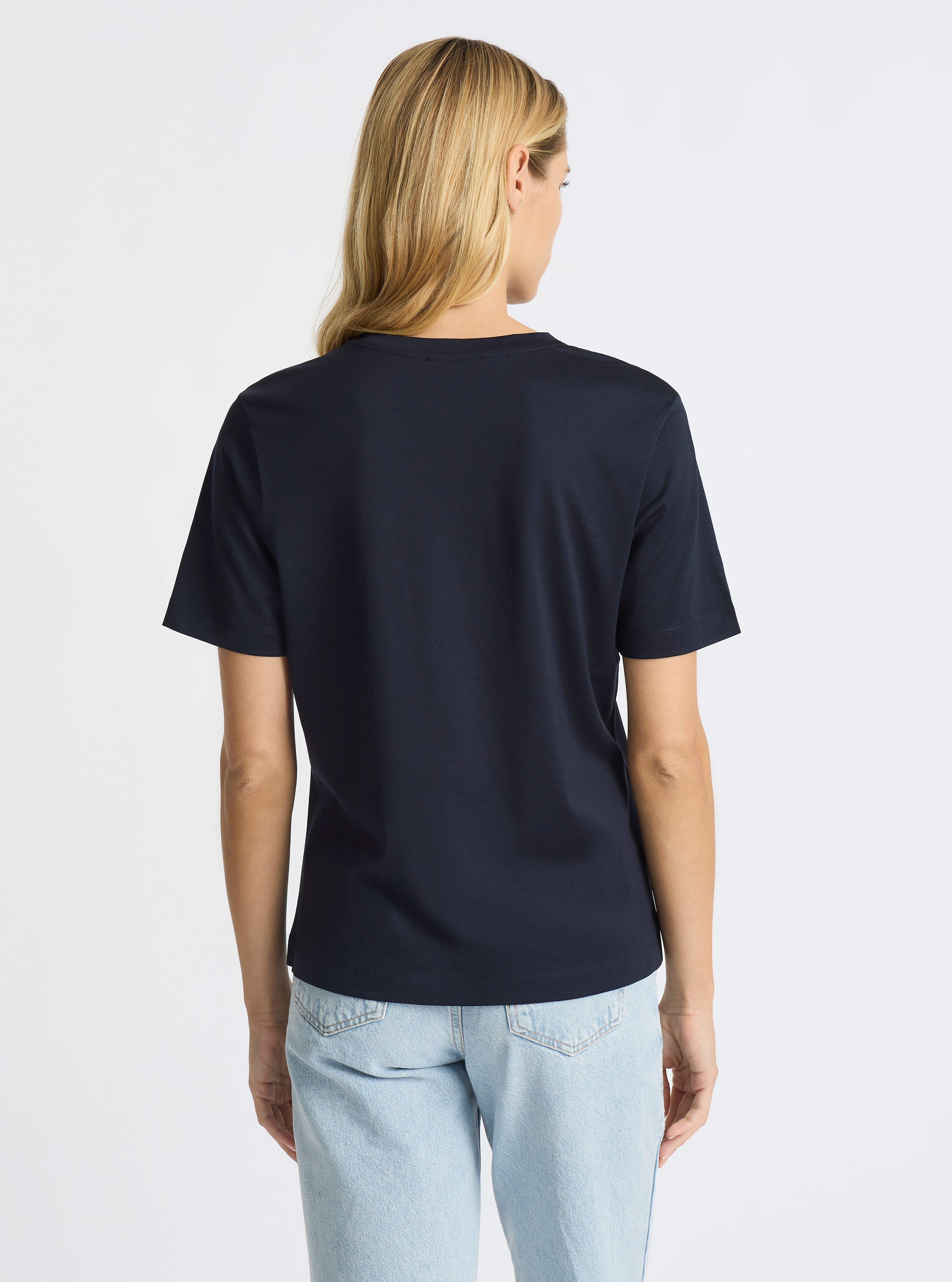 Dark Navy|Supima® Mercerised Crew Tee for women – premium soft cotton t-shirt|Karolina is 5'10" and wearing a size S