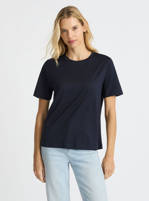 Dark Navy|Supima® Mercerised Crew Tee for women – premium soft cotton t-shirt|Karolina is 5'10" and wearing a size S