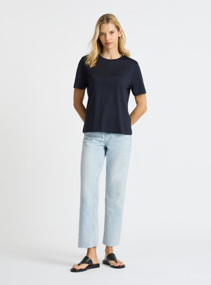 Dark Navy|Supima® Mercerised Crew Tee for women – premium soft cotton t-shirt|Karolina is 5'10" and wearing a size S