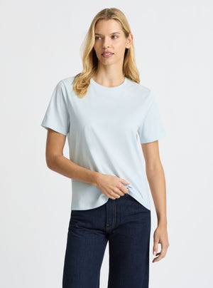 Light Blue|Supima® Mercerised Crew Tee for women – premium soft cotton t-shirt|Karolina is 5'10" and wearing a size S