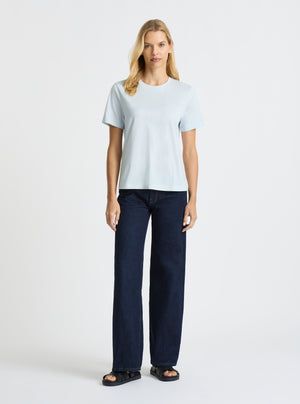 Light Blue|Supima® Mercerised Crew Tee for women – premium soft cotton t-shirt|Karolina is 5'10" and wearing a size S