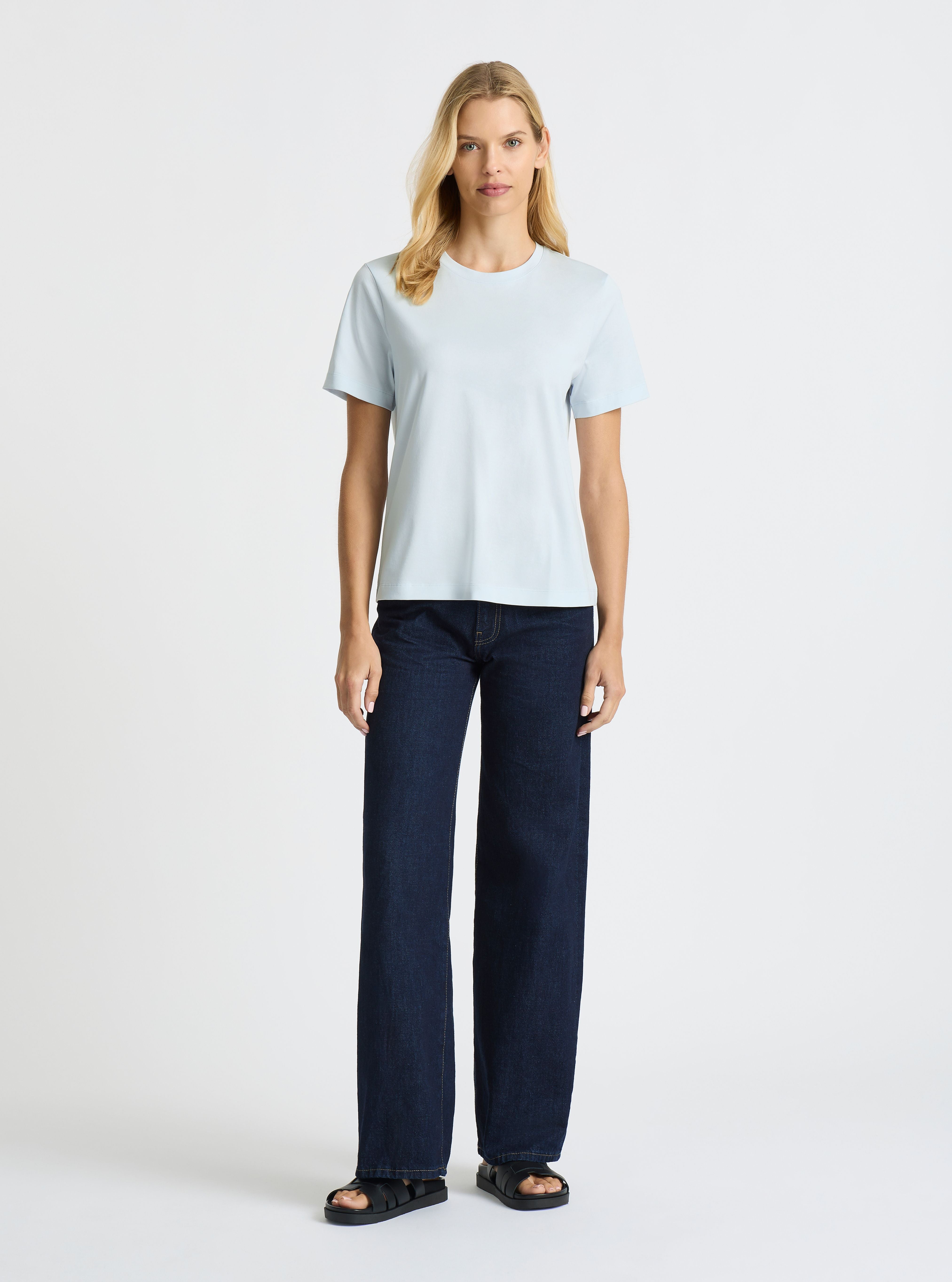 Light Blue|Supima® Mercerised Crew Tee for women – premium soft cotton t-shirt|Karolina is 5'10" and wearing a size S