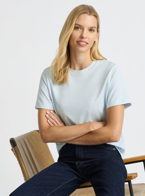 Light Blue|Supima® Mercerised Crew Tee for women – premium soft cotton t-shirt|Karolina is 5'10" and wearing a size S