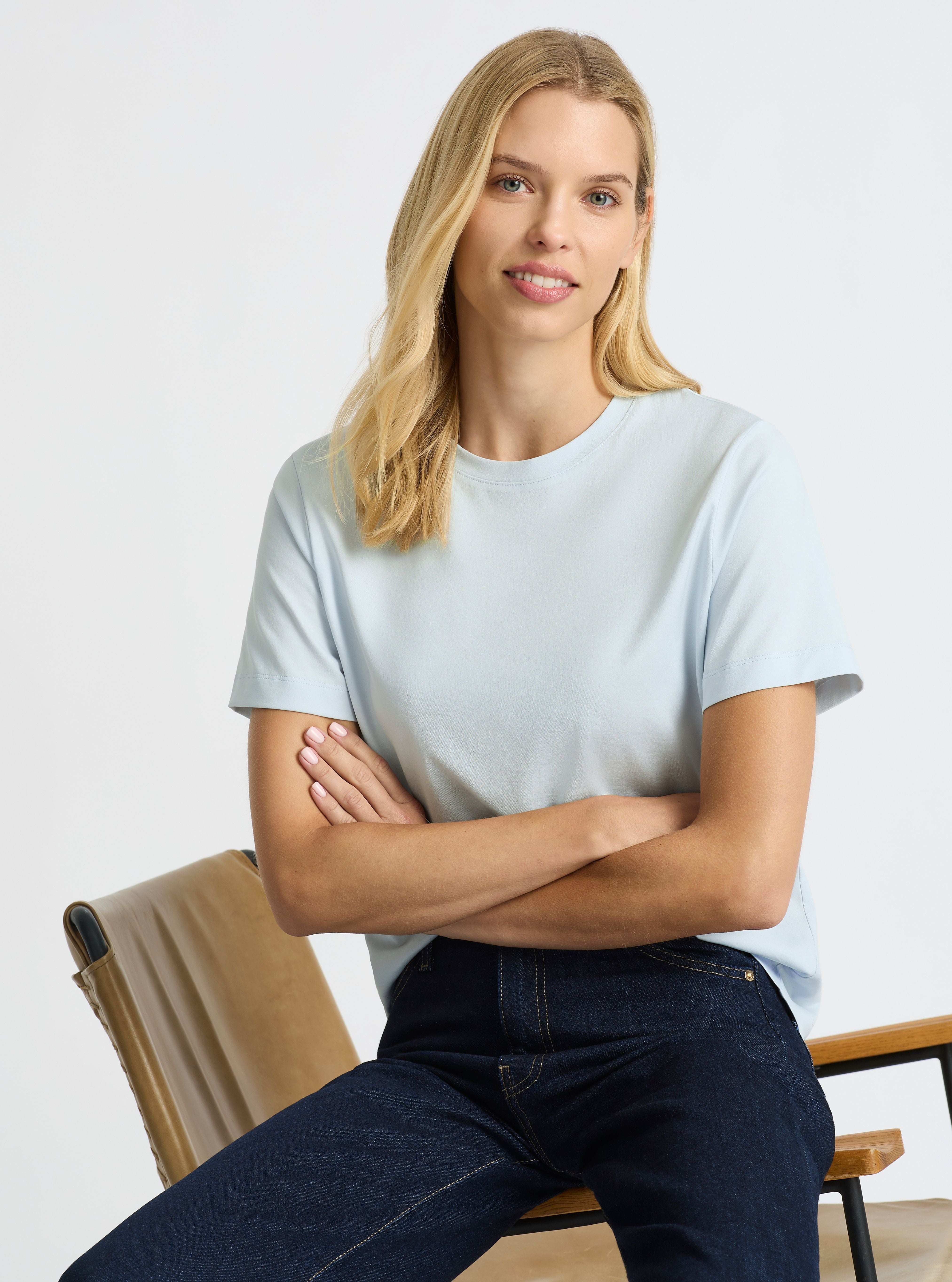 Light Blue|Supima® Mercerised Crew Tee for women – premium soft cotton t-shirt|Karolina is 5'10" and wearing a size S
