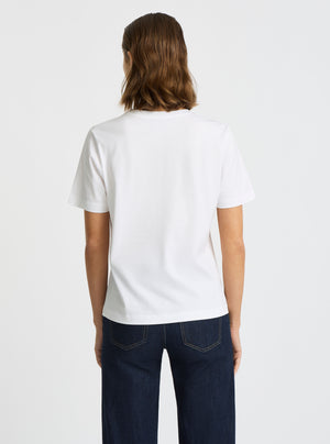 White|Supima® Mercerised Crew Tee for women – premium soft cotton t-shirt|Stas is 5'10" and wearing a size S