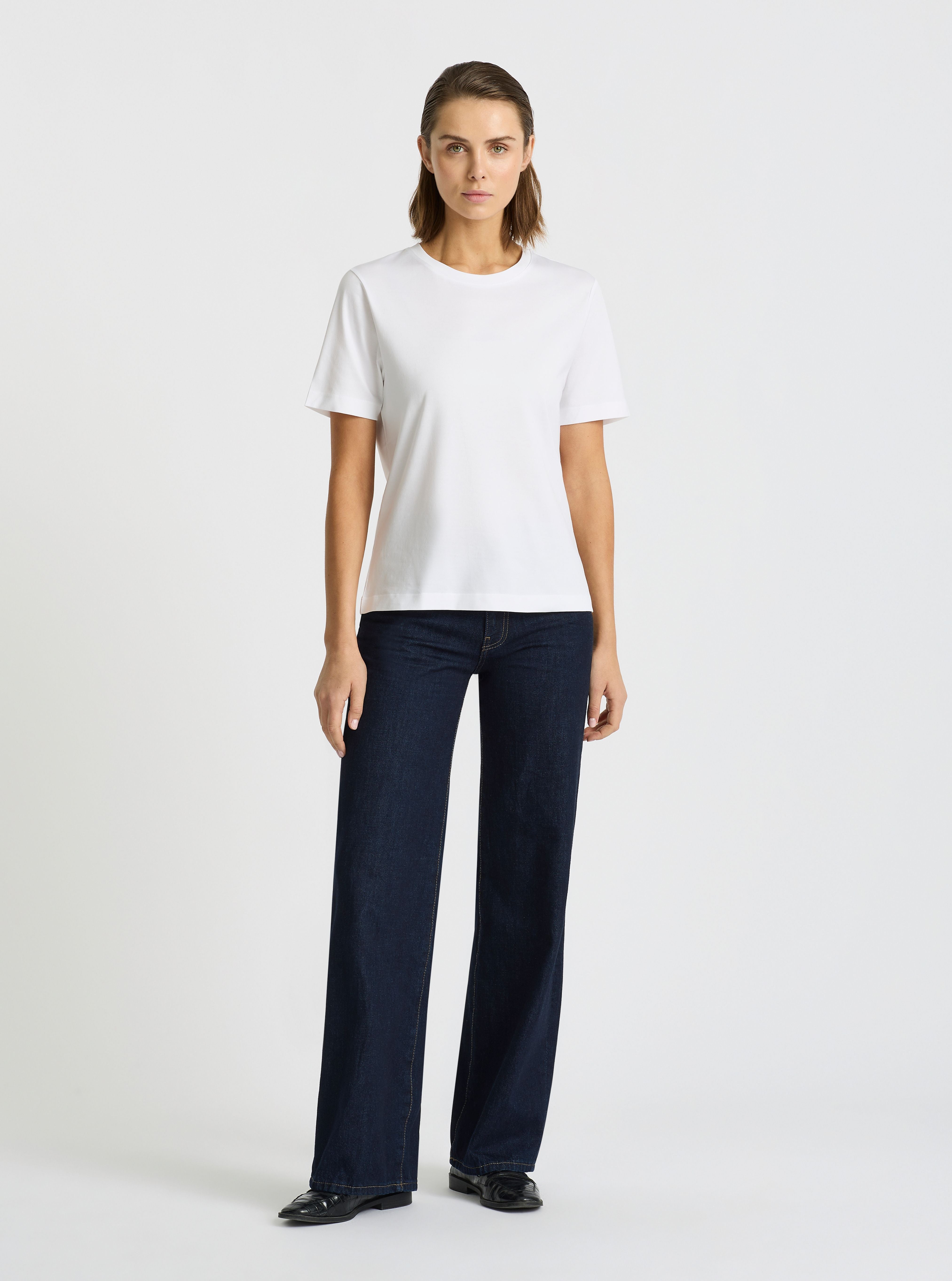 White|Supima® Mercerised Crew Tee for women – premium soft cotton t-shirt|Stas is 5'10" and wearing a size S