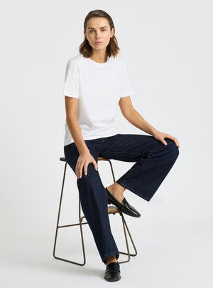 White|Supima® Mercerised Crew Tee for women – premium soft cotton t-shirt|Stas is 5'10" and wearing a size S