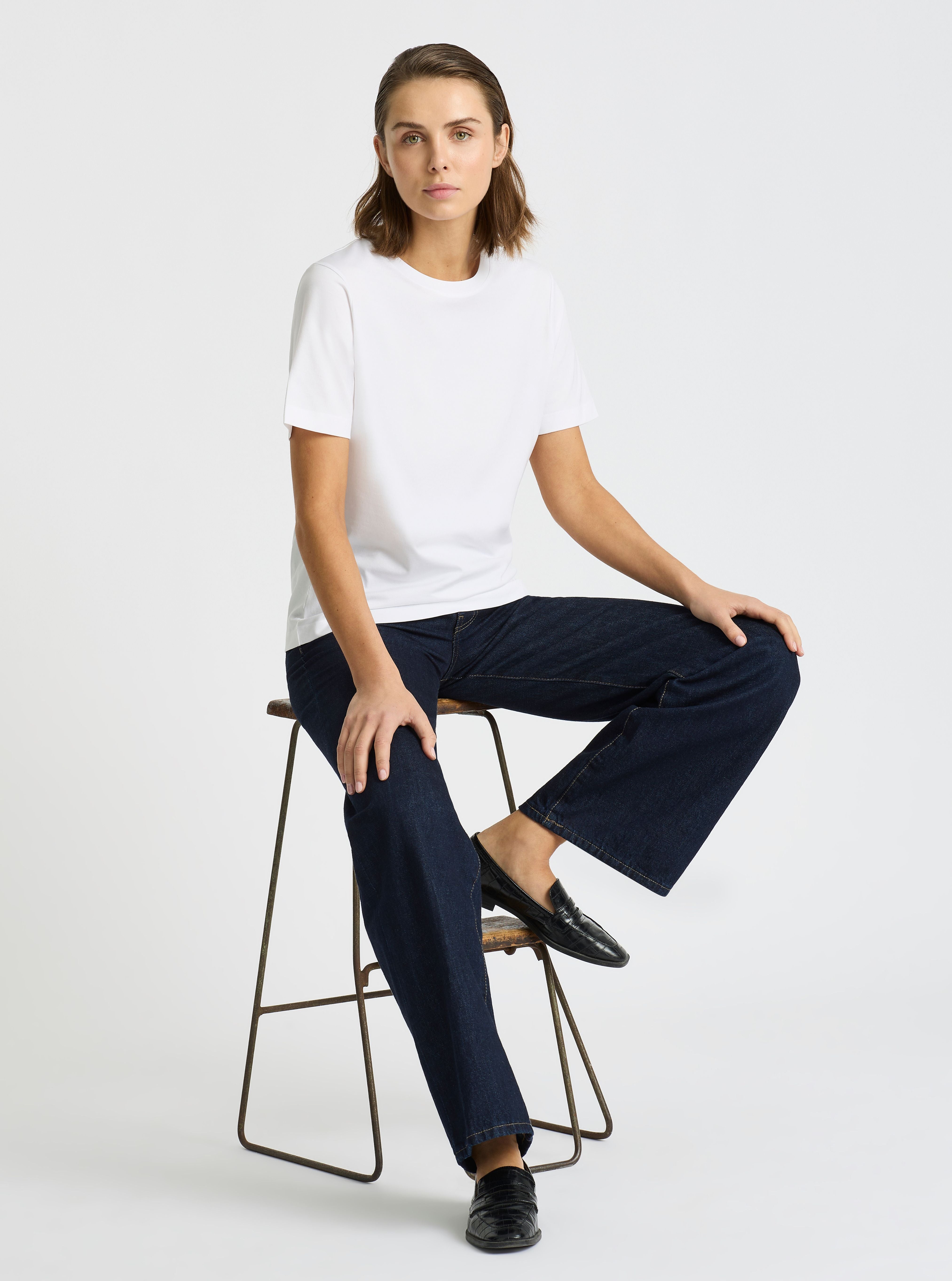 White|Supima® Mercerised Crew Tee for women – premium soft cotton t-shirt|Stas is 5'10" and wearing a size S