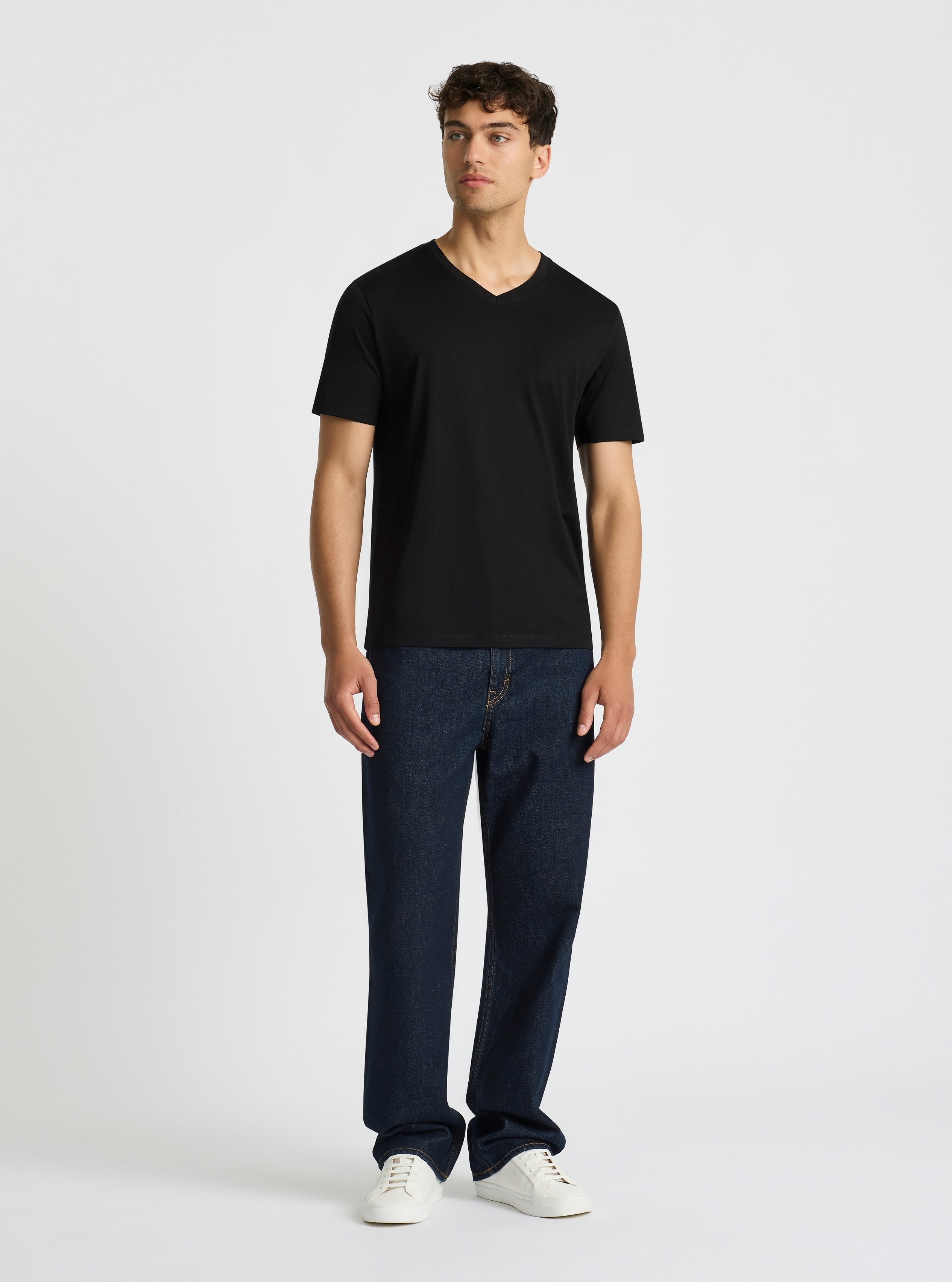 Black|Supima® Mercerised V-neck Tee for men – premium soft cotton t-shirt|Evans is 6’2” and wearing a size M