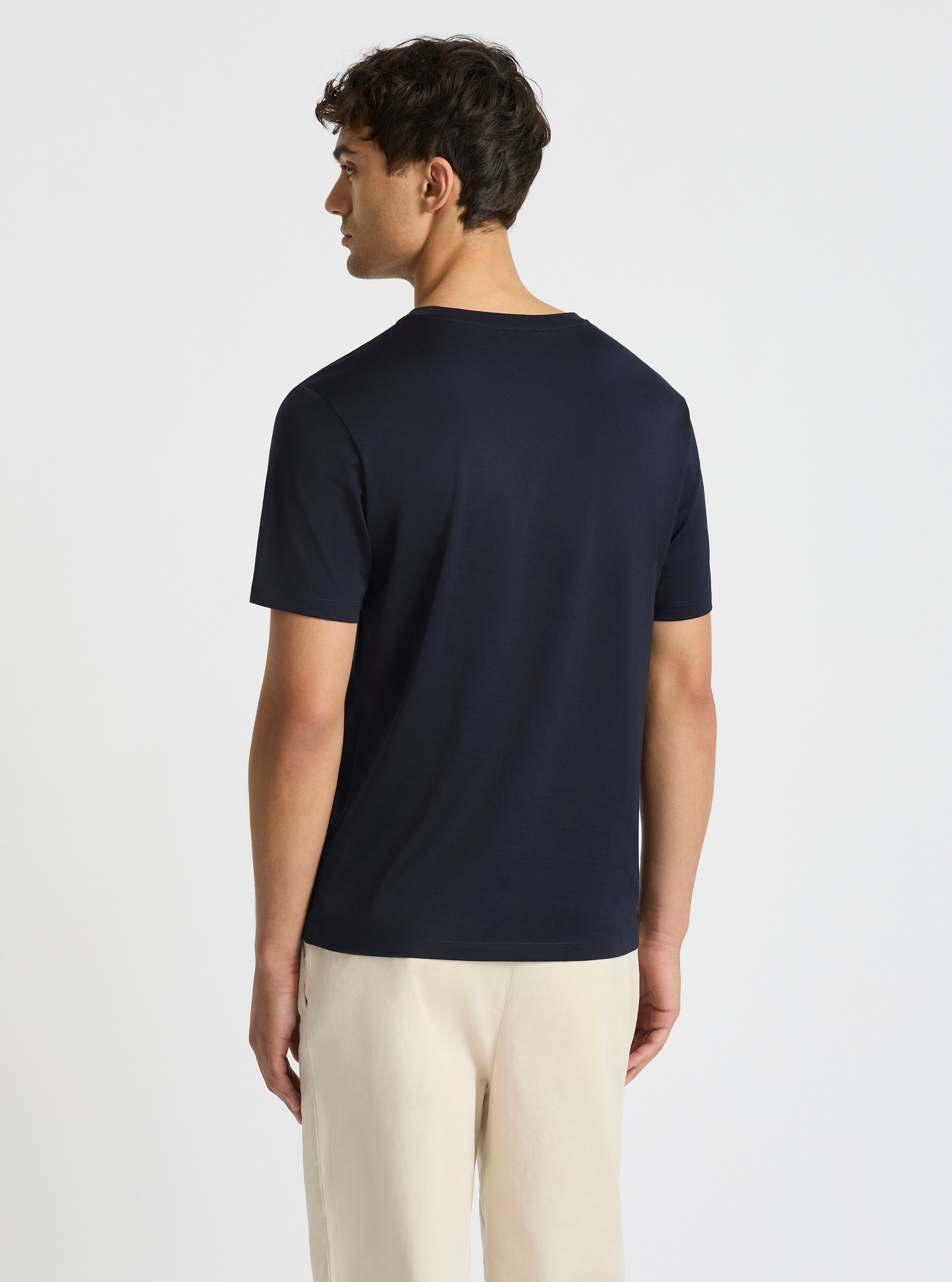 Dark Navy|Supima® Mercerised V-neck Tee for men – premium soft cotton t-shirt|Evans is 6’2” and wearing a size M