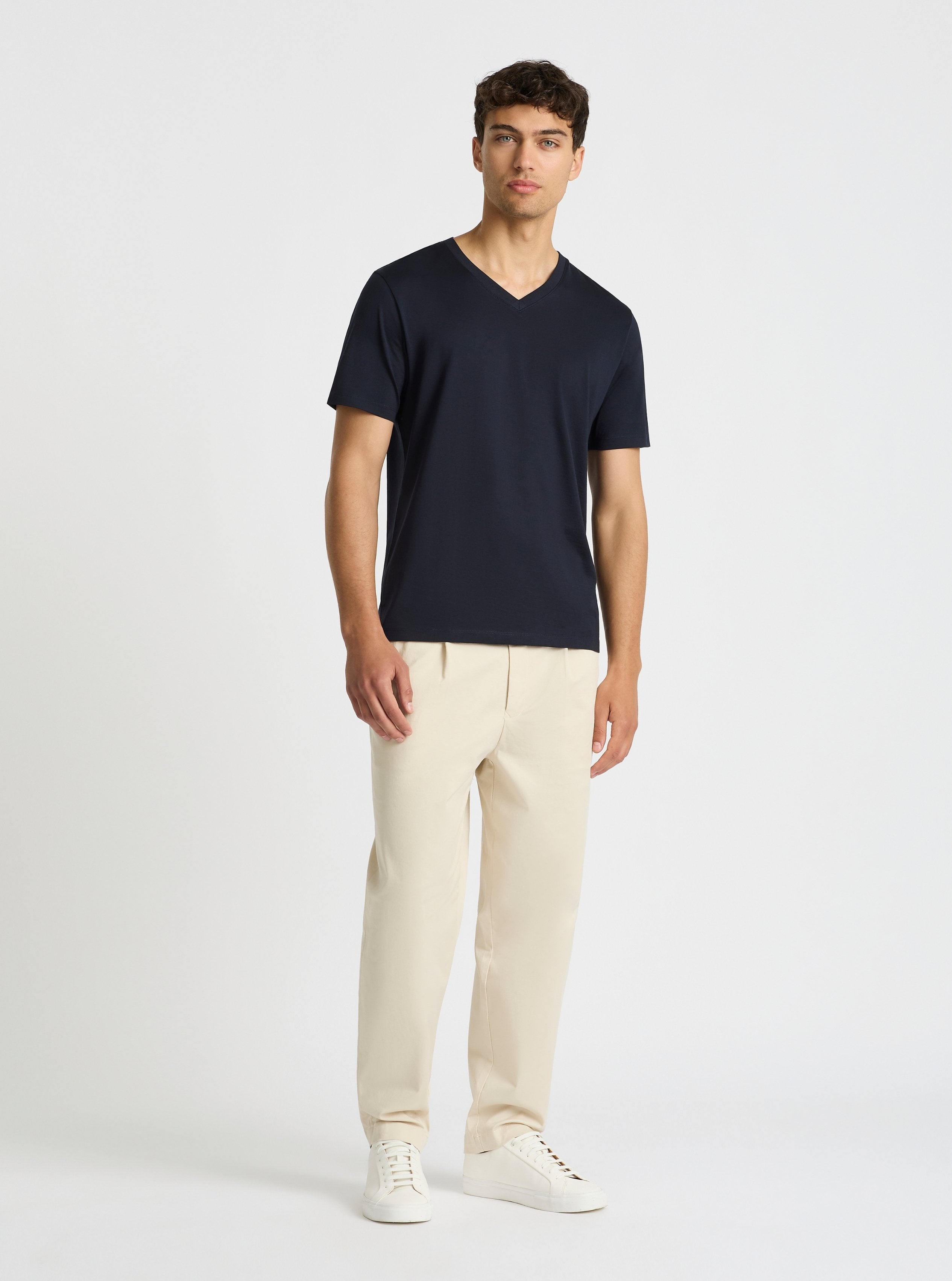 Dark Navy|Supima® Mercerised V-neck Tee for men – premium soft cotton t-shirt|Evans is 6’2” and wearing a size M