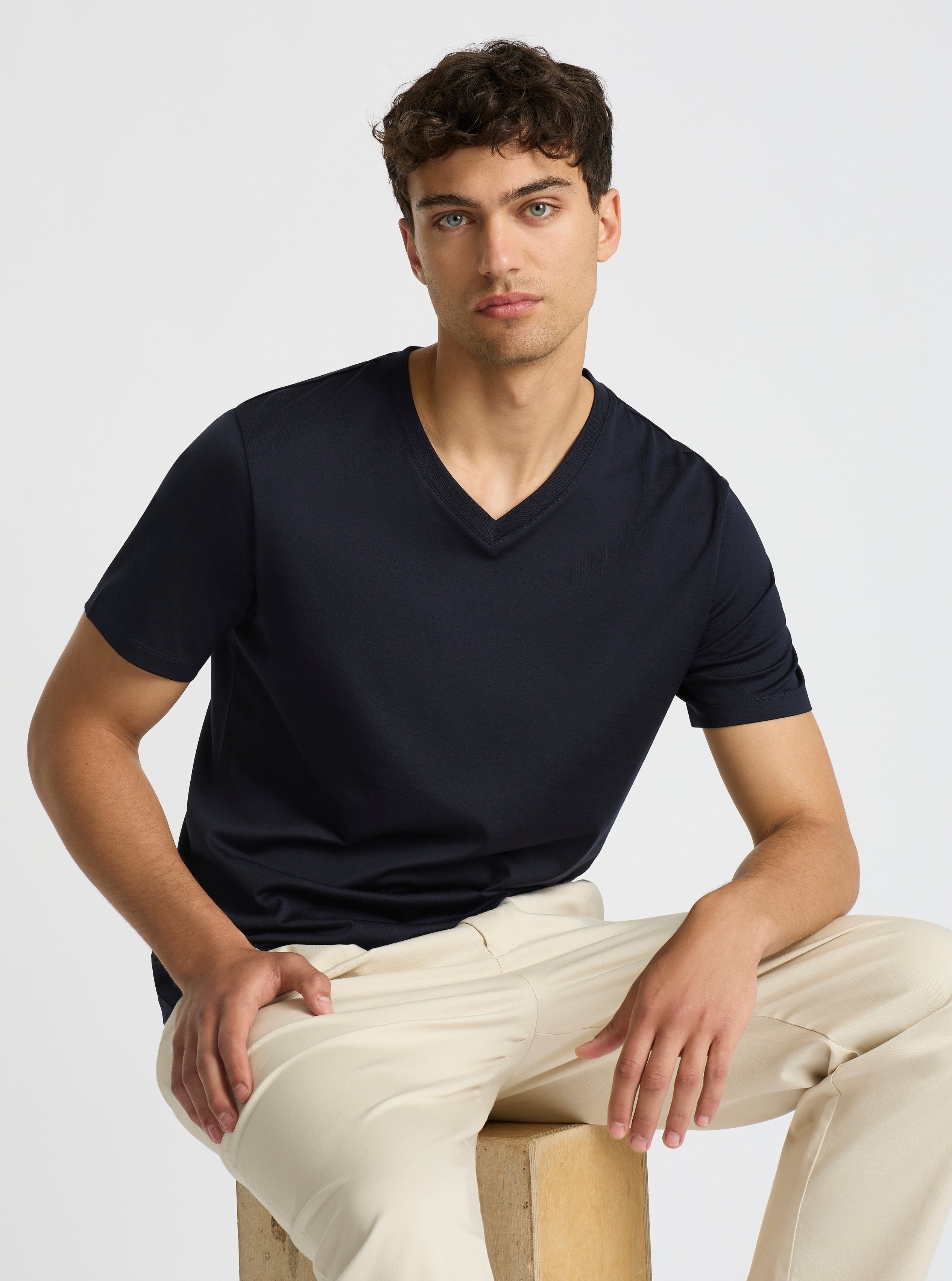 Dark Navy|Supima® Mercerised V-neck Tee for men – premium soft cotton t-shirt|Evans is 6’2” and wearing a size M