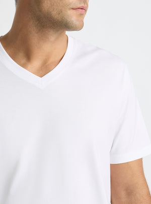 White|Supima® Mercerised V-neck Tee for men – premium soft cotton t-shirt|Jack is 6’2” and wearing a size L