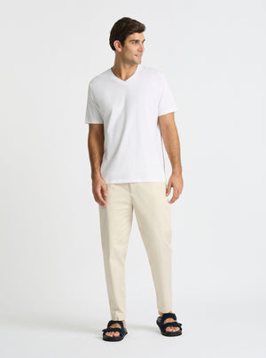 White|Supima® Mercerised V-neck Tee for men – premium soft cotton t-shirt|Jack is 6’2” and wearing a size L