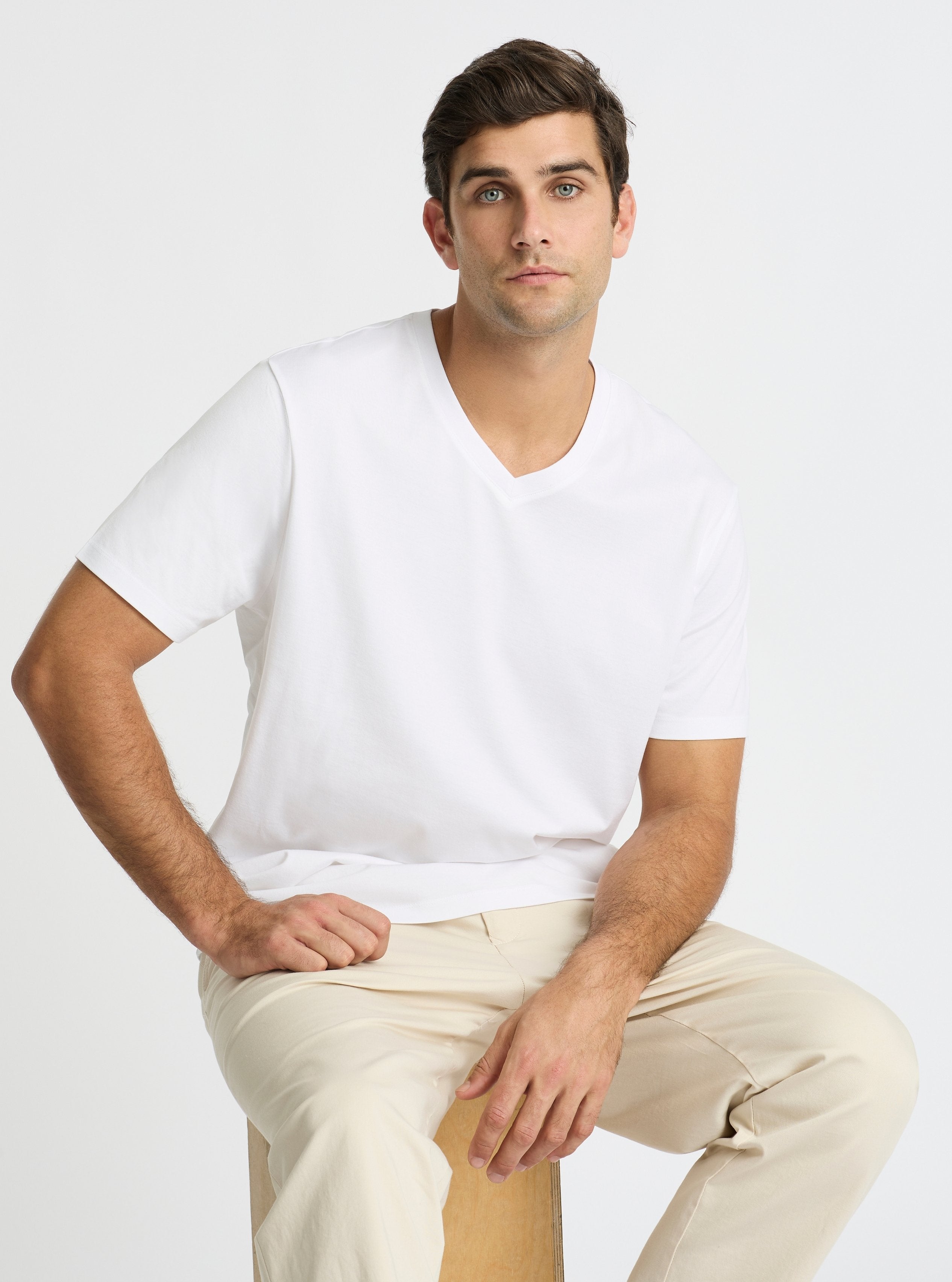 White|Supima® Mercerised V-neck Tee for men – premium soft cotton t-shirt|Jack is 6’2” and wearing a size L