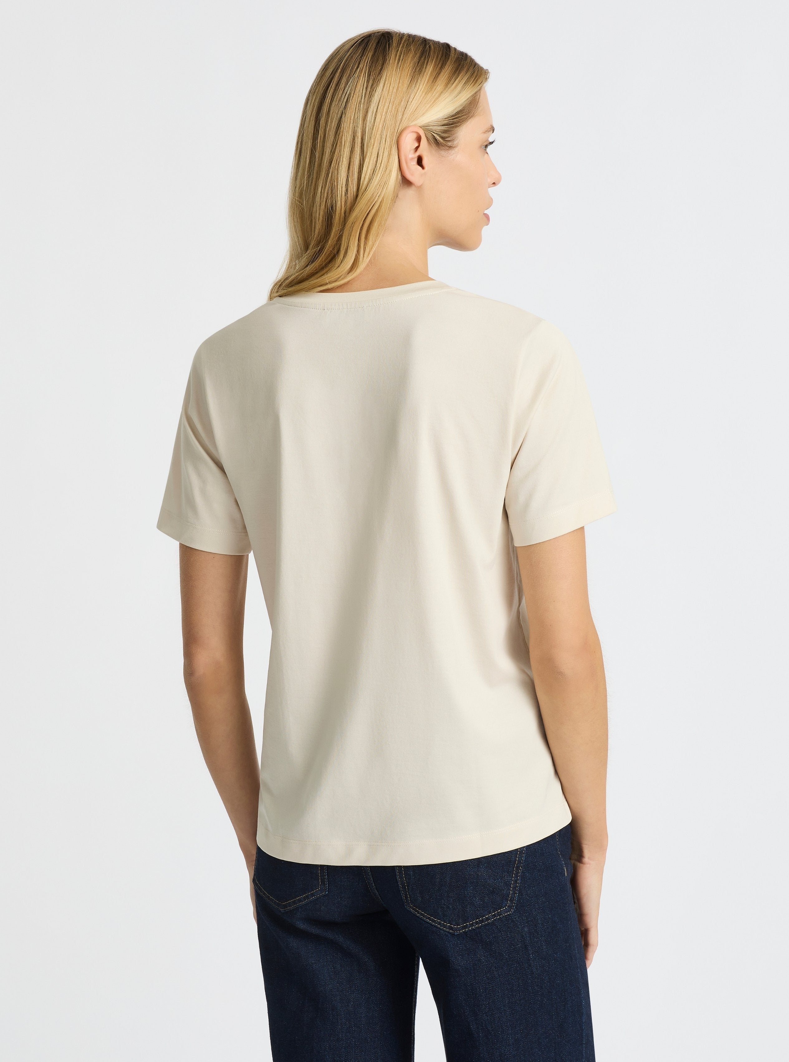 Beige|Supima® Mercerised V-neck Tee for women – premium soft cotton t-shirt|Karolina is 5'10" and wearing a size S