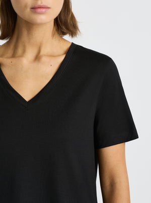 Black|Supima® Mercerised V-neck Tee for women – premium soft cotton t-shirt|Stas is 5'10" and wearing a size S