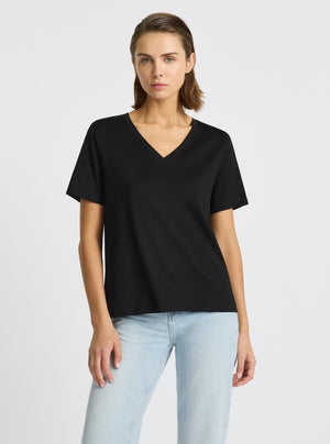 Black|Supima® Mercerised V-neck Tee for women – premium soft cotton t-shirt|Stas is 5'10" and wearing a size S