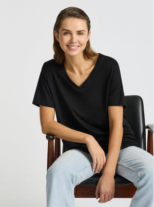 Black|Supima® Mercerised V-neck Tee for women – premium soft cotton t-shirt|Stas is 5'10" and wearing a size S