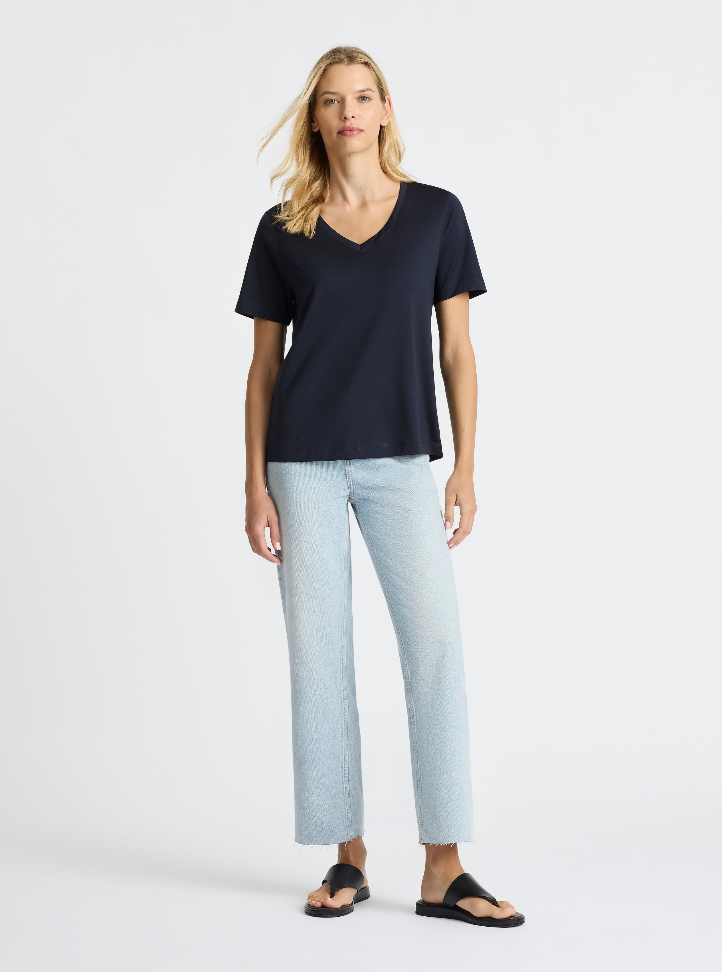 Dark Navy|Supima® Mercerised V-neck Tee for women – premium soft cotton t-shirt|Karolina is 5'10" and wearing a size S