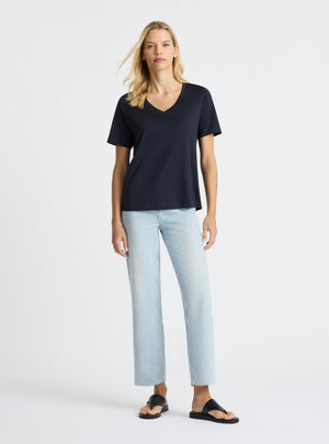Dark Navy|Supima® Mercerised V-neck Tee for women – premium soft cotton t-shirt|Karolina is 5'10" and wearing a size S