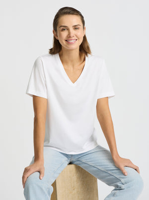 White|Supima® Mercerised V-neck Tee for women – premium soft cotton t-shirt|Stas is 5'10" and wearing a size S
